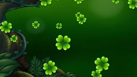 Animated Green Four Leaf Clovers Falling Against a Forest Background Video stock 339987682