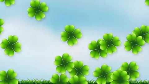 Animated Green Four Leaf Clovers Floating Over Grass and Blue Sky Stock Footage 340012548