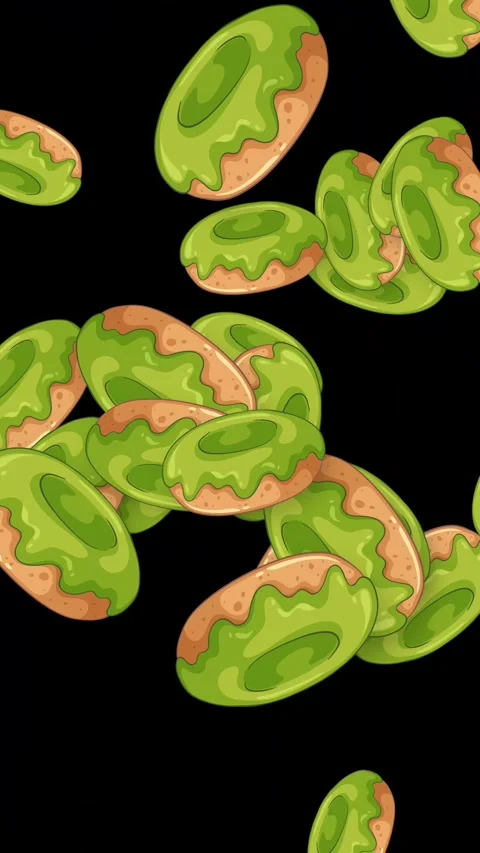 Animated Green Glazed Donuts Falling Against a Black Background Stock Footage 345037977