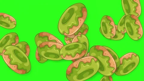 Animated Green Glazed Donuts Falling Against a Green Screen Background Stock Footage 345120612