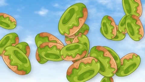 Animated Green Glazed Donuts Falling Through a Blue Sky Stock Footage 345208670