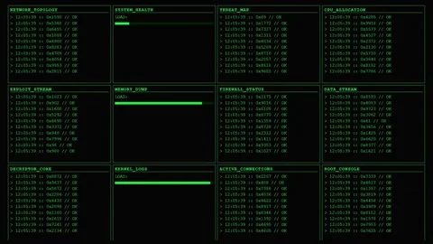 Animated Green Hacking Terminal Dashboard with Real-Time Data Streams Stock Footage 339156790