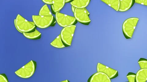 Animated Green Lime Wedges Falling Against a Gradient Blue Background Stock Footage 340195306