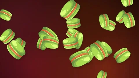 Animated Green Macarons Falling Against a Dark Red Gradient Background Stock Footage 345703583