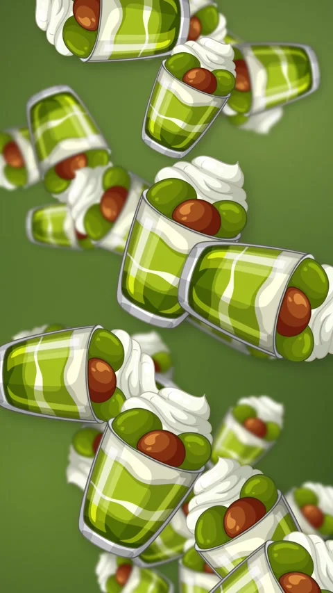 Animated Green Matcha Parfait Cups Falling on a Solid Green Background Stock Footage 343471676
