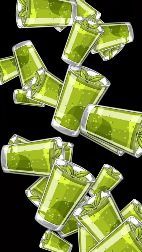 Animated Green Matcha Tea Glasses Falling on Black Background Stock Footage 342467706