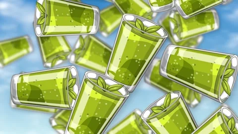 Animated Green Matcha Tea Glasses Falling Through a Blue Sky Stock Footage 345704923