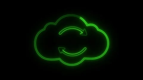 Animated green neon cloud sync icon with refresh arrows on dark background 動画素材 335994909