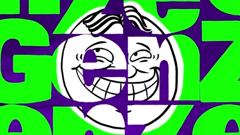 Animated green neon text pattern featuring repeating cartoon faces against deep Stock Footage 345102078