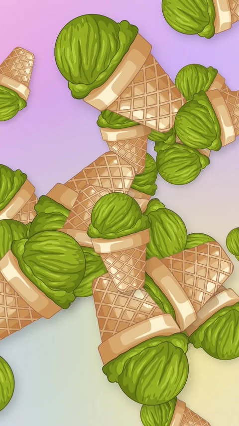 Animated Green Tea Ice Cream Cones Falling on Pastel Mesh Background Stock Footage 344832122