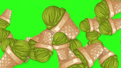 Animated Green Tea Ice Cream Cones Falling on Green Screen Stock Footage 344836266