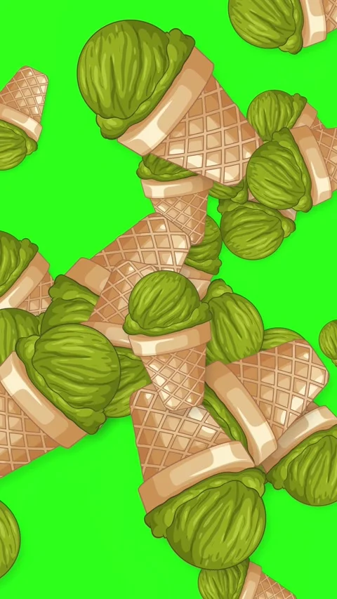 Animated Green Tea Ice Cream Cones Falling on Green Screen Stock Footage 345310810
