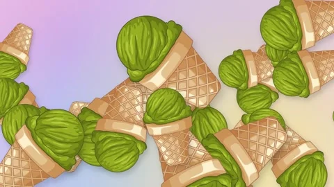 Animated Green Tea Ice Cream Cones Bursting Over Gradient Mesh Background Stock Footage 345314329