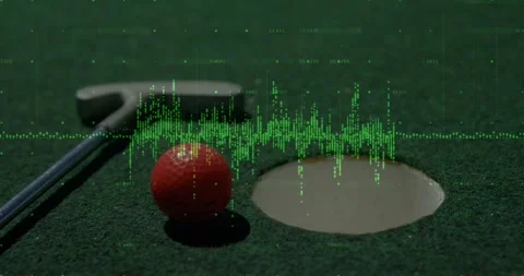 Animated green waveform appearing over red golf ball and putter, showing audio Stock Footage 317740429