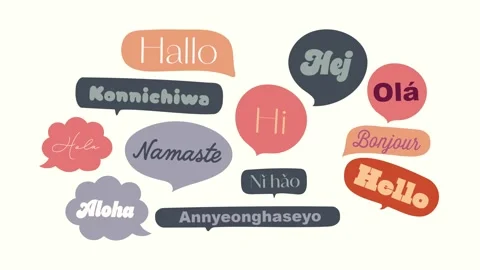 Animated greetings in multiple languages with fun speech bubbles. 스톡 동영상 301745231