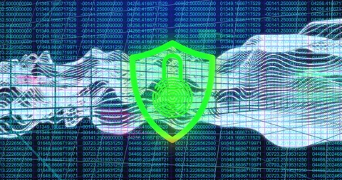 Animated grid sparking shield glowing green switching red while waves streaming Stock Footage 312346990
