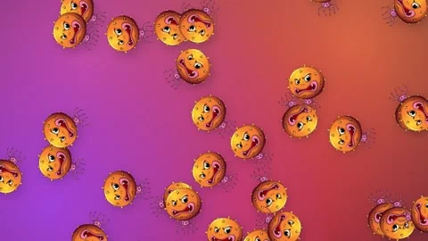 Animated Group of Falling Cartoon Virus Characters on Purple Gradient Background Stock Footage 342210236