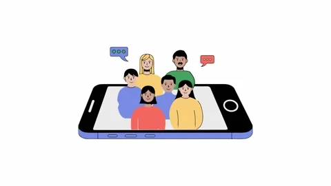 Animated Group Video Call on Smartphone Screen with Diverse Characters and C Stock Footage 334641937