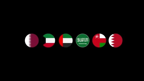Animated Gulf Countries Flags Emblem in Circular Icons on Black Background Stock Footage 345602722