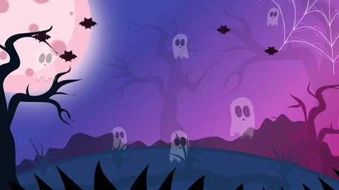 Animated halloween background with bats, ghosts, spider web and trees in a sc Stock Footage 217587176