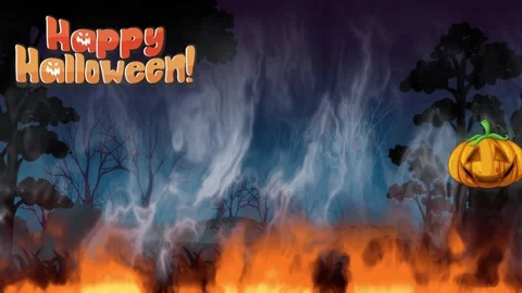 Animated Halloween Background with Floating Jack O Lanterns and Ground Fire Stock Footage 340195537