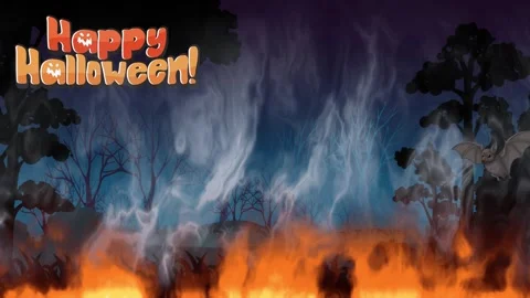 Animated Halloween Background with Flying Bats and Rising Fire and Smoke Stock Footage 339380608