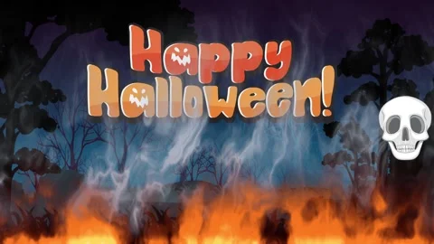 Animated Halloween Greeting with Falling Skulls and Ground Fire Background Stock Footage 342319280