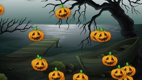 Animated Halloween Jack O Lanterns Floating Over Spooky Lake Background Stock Footage 339522813