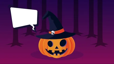 Animated halloween pumpkin with witch hat and speech bubble in dark forest .. Stock Footage 333897930