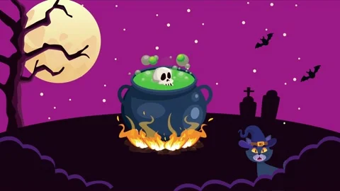 Animated halloween scene with a black cat wearing a wizard hat next to a bu.. Video stock 339086331
