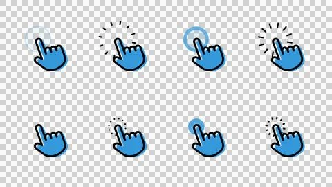 Animated hand cursor icons pack. Clicking pointers on transparent BG. Illustrazione stock