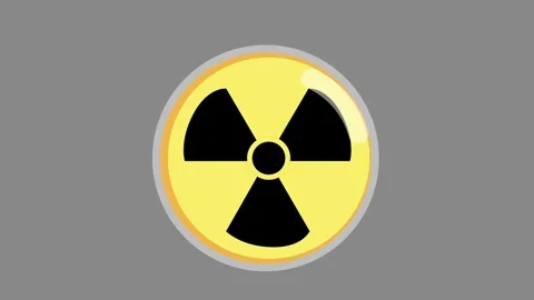 Animated hand cursor presses a yellow and black nuclear symbol button. Stock-Footage 319663519
