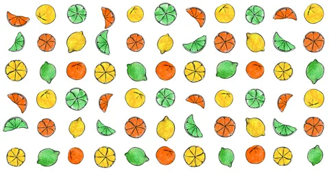 Animated hand-drawn crayon citrus candy pattern background Stock Footage 132221145