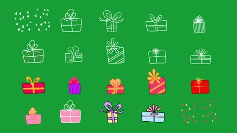 Animated Hand Drawn Gift Box Present Collection Pack Green Screen Stock Footage 343095501