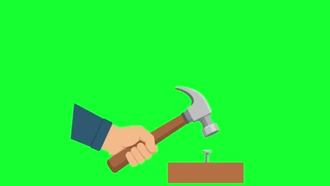 Animated hand hitting nail with hammer loop on green screen and white backg.. Stock Footage 340382648