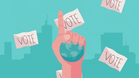 Animated hand holding globe with falling vote papers over city skyline back.. Stock-Footage 339063163
