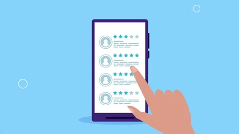 Animated hand scrolling through customer reviews and star ratings on smartp.. Stock Footage 333719170