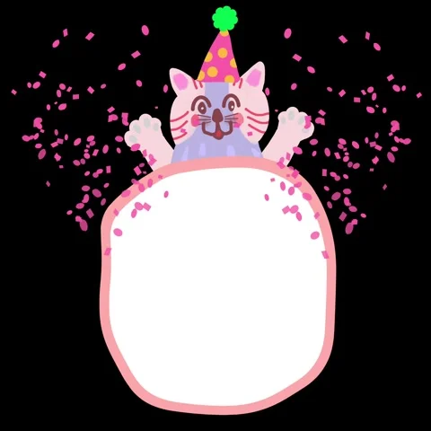 Animated happy cat with party hat and confetti beside blank paper Stock Footage 313112588