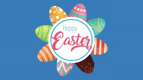 Animated happy easter greeting with decorated eggs in a flower shape formatio Stock Footage 333546102