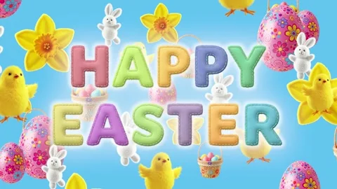 Animated “HAPPY EASTER” text with chicks, bunnies, daffodils, eggs, and basket o 스톡 동영상 301459792