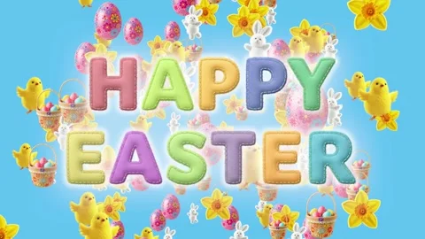 Animated “HAPPY EASTER” text with chicks, bunnies, daffodils, eggs, and basket o 스톡 동영상 301459794