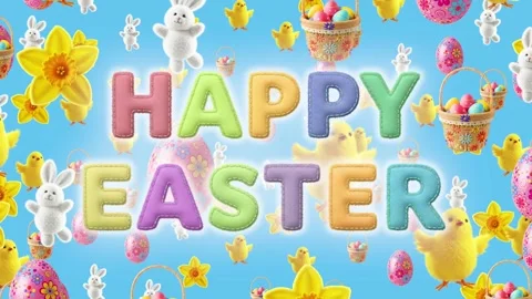 Animated “HAPPY EASTER” text with chicks, bunnies, daffodils, eggs, and basket o 스톡 동영상 301459795