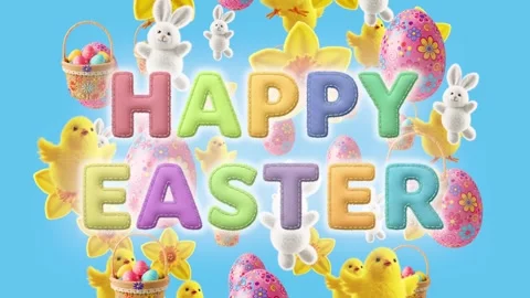 Animated “HAPPY EASTER” text with chicks, bunnies, daffodils, eggs, and basket o 스톡 동영상 301459842