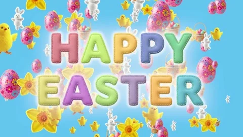 Animated “HAPPY EASTER” text with chicks, bunnies, daffodils, eggs, and basket o 스톡 동영상 301459843
