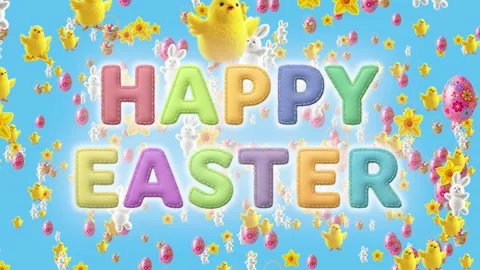 Animated “HAPPY EASTER” text with chicks, bunnies, daffodils, eggs, and basket o 스톡 동영상 301460192