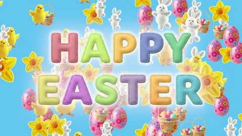 Animated “HAPPY EASTER” text with chicks, bunnies, daffodils, eggs, and basket o 스톡 동영상 301460281