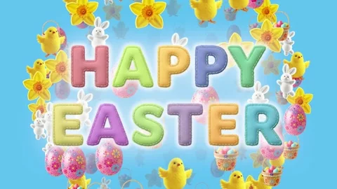 Animated “HAPPY EASTER” text with chicks, bunnies, daffodils, eggs, and basket o 스톡 동영상 301460292