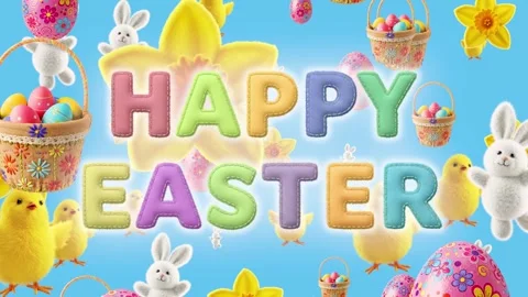Animated “HAPPY EASTER” text with chicks, bunnies, daffodils, eggs, and basket o 스톡 동영상 301460358