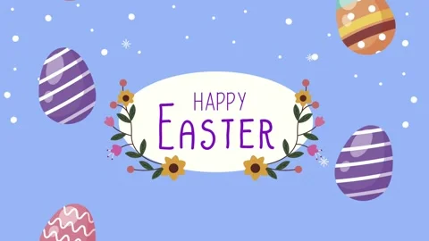 Animated happy easter text with falling decorative eggs and snowflakes on b.. Vídeos de archivo 338314863