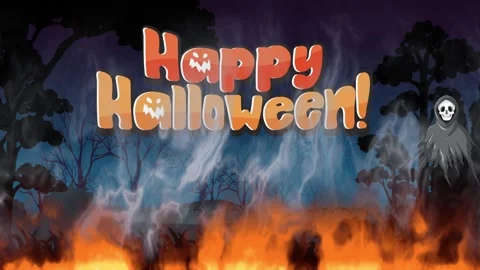Animated Happy Halloween Text with Floating Ghosts and Ground Fire Stock Footage 340323729